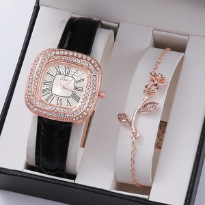 Women's quartz watch gift set with black leather strap, rose gold case and floral bracelet