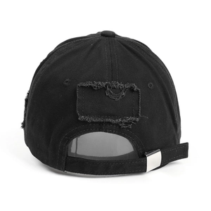 Distressed black cotton baseball cap showing back detail and silver metal buckle