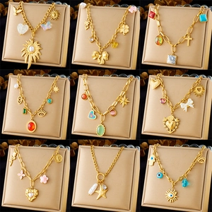 French Retro Gold Plated Stainless Steel Necklace With Heart Artificial Pearl Flower Cross Eye Pendants Multi Charm Clavicle Chain