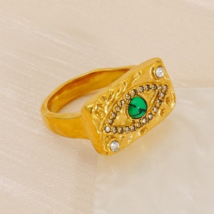 Bague vintage en acier inoxydable doré avec motif œil maléfique en malachite