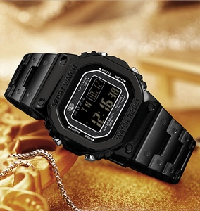 Close-up of a square black digital sports watch with 50M water resistance and LED display