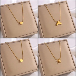 Elegant Gold Plated Stainless Steel Pendant Necklace Heart Star Fishtail Clover Sea Star Plane Snake Chain For Women Jewelry