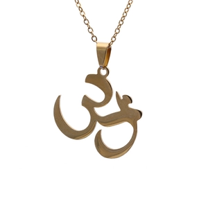 Detailed view of a golden Om symbol pendant necklace with a polished metallic finish