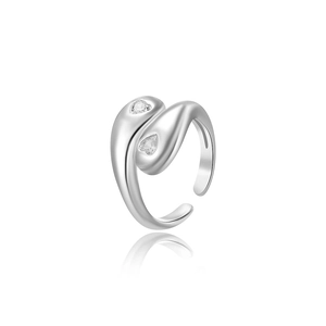 Minimalist silver snake wrap ring with heart cubic zirconia stones and adjustable open band