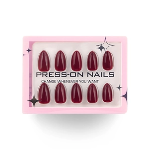 Glossy burgundy stiletto press-on nails set in minimalist pink window gift box
