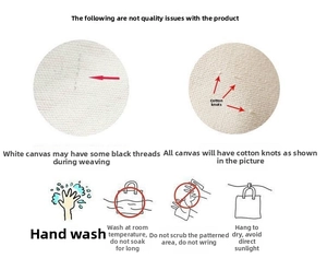 Detailed material texture of the white canvas bag and essential washing instructions