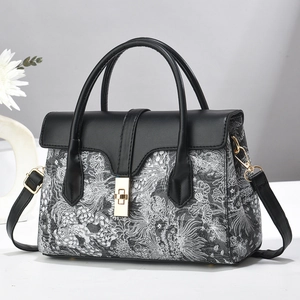 Vintage Floral Embroidery Women Handbag PU Leather Jacquard Shoulder Crossbody Bag With Top Handle Golden Metal Lock