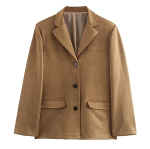 Detail view of tan faux suede blazer with classic notched lapels and flap pockets