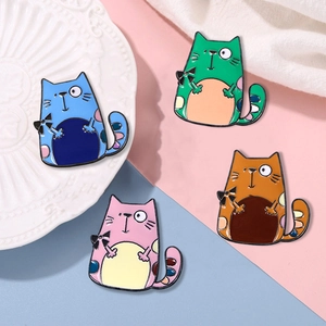 Set of cute cartoon cat enamel pins in colorful styles for creative fashion styling