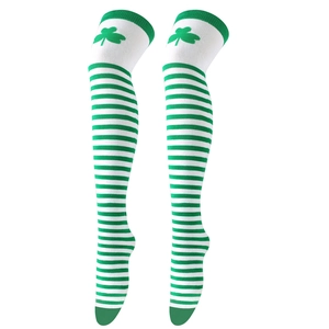 Detail of St. Patrick's Day green and white striped over-the-knee socks with clover print
