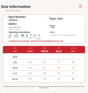 Size chart for yoga vest EBX4518 with detailed measurements in centimeters for sizes S to XL