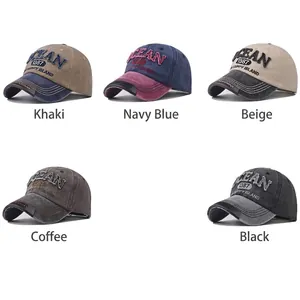 Vintage washed cotton baseball caps with Ocean embroidery in five distressed colors