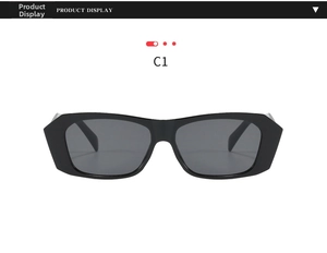 Front view of black rectangular polygon sunglasses with dark grey UV protective lenses