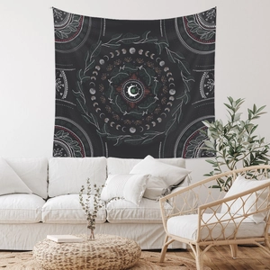 Arazzo bohémien nero fasi lunari con motivi mandala per decorazione murale estetica