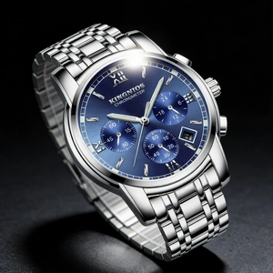Detailed view of luxury men's silver stainless steel watch with blue sunray dial