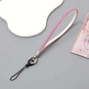 Luxurious pink rhinestone phone wrist strap with metal ring and anti-drop lanyard cord
