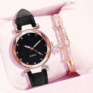 Detail of rose gold star constellation watch with matching rhinestone star bracelet set