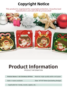 Detail view of 10x10cm Christmas gift boxes with festive reindeer and Santa illustrations