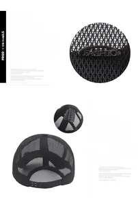 Detail of black mesh baseball cap showing the fashion metal plate and adjustable strap