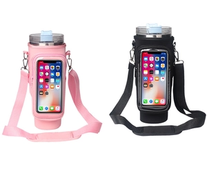 Waterproof water bottle carriers in pink and black with touchscreen phone pouches