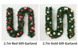 Detail of 2.7m Christmas garlands with pine cones, red ornaments and gold gift boxes