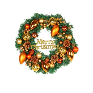 Christmas wreath with Merry Christmas sign pine cones and gold ornaments on white background