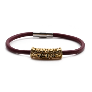 Cross leather bracelet with dark red cord, gold charms and silver magnetic clasp