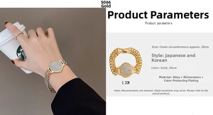 Detail view of a gold chain bracelet with a 3.2cm rhinestone circle on a model's wrist