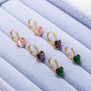 Three pairs of heart-shaped zircon earrings in pink, purple and green with 18K gold plating