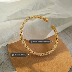 Minimalist 18K gold plated woven cuff bracelet with an adjustable open design for men