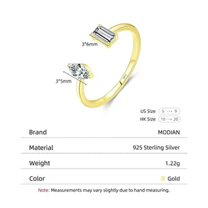 Adjustable 925 sterling silver gold geometric ring with marquise and rectangle stones