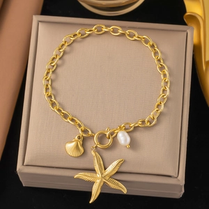 18K gold plated stainless steel chain bracelet with starfish shell and pearl pendants