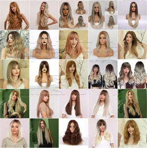 Detailed grid display of various wavy wig styles and colors with synthetic hair texture