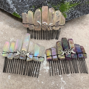 Peignes à cheveux en cristal naturel avec accents de lune et d'étoile en métal