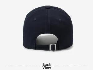 Back view of distressed navy blue cotton baseball cap with adjustable metal buckle strap