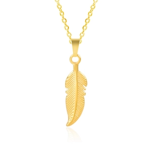 Close-up of golden feather pendant necklace on white background with soft reflection