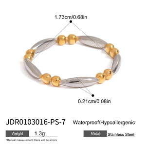 Detail view of two-tone beaded ring with silver and gold stainless steel units