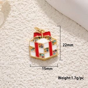 Gold-plated Christmas gift box charm with red and white enamel and colorful crystals