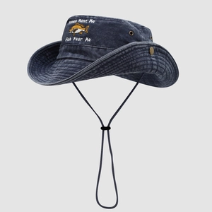 Outdoor navy denim boonie hat with fish embroidery and adjustable windproof strap
