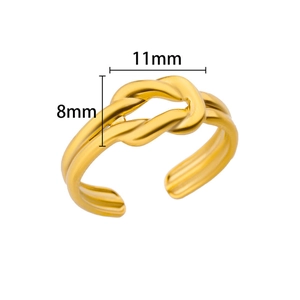 Detail view of 18k gold plated stainless steel knot ring with 11mm by 8mm size dimensions