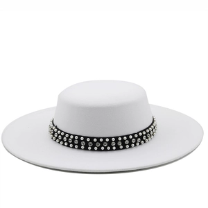 Women Elegant Flat Top Wide Brim Boater Hat Wool Felt Fedora With Artificial Pearl Rhinestone Band Vintage Jazz Party Cap