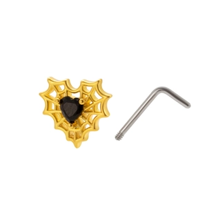 Golden spider web nose stud with black heart zircon and stainless steel L-bar