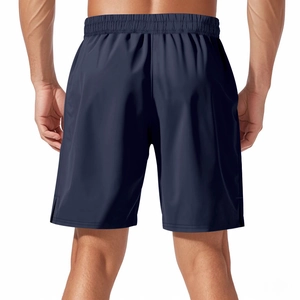 Rear view of navy blue quick-dry sports shorts showing elastic waistband and loose fit