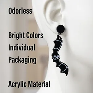 Halloween acrylic black bat earrings with skull pattern and metal hooks for women