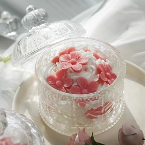 Pink floral cake scented candle in embossed glass jar for aesthetic birthday gifts