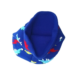 Blue knit beanie with colorful dinosaur patterns for children, cozy winter hat with warmth