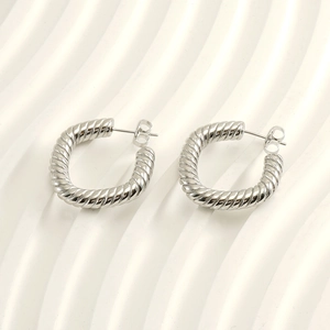 Boucles d'oreilles créoles torsadées en acier inoxydable argenté sur fond blanc