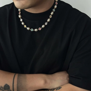 Collier De Künstliche Perles Fleur Hip Hop Alliage Strass Colorés Chaîne Clavicule Bijoux De Mode Pour Hommes Femmes Unisexe
