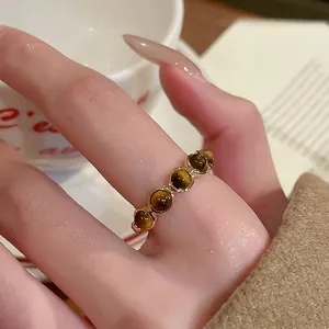 Bague Ouverte Oeil De Tigre Cuivre Plaqué Or Ajustable Pierre Fine Bande Vague Rétro Français Luxe Femmes