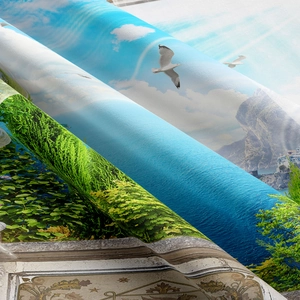 Detail showing the fine texture and Mediterranean landscape print on the fabric tapestry